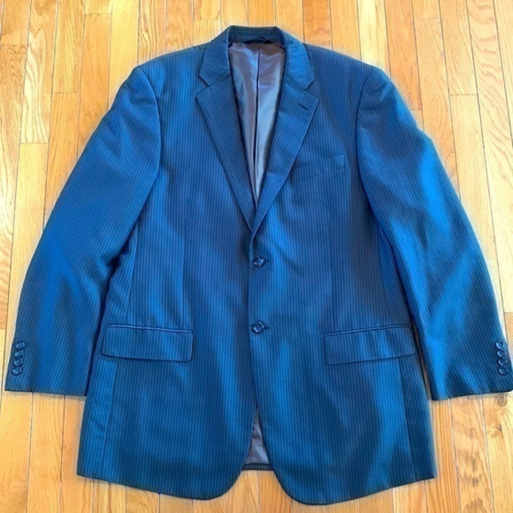 Lineage 2-Button Sports Coat Blazer Work Suit Jacket Gray w/ Blue pinstripes 43L